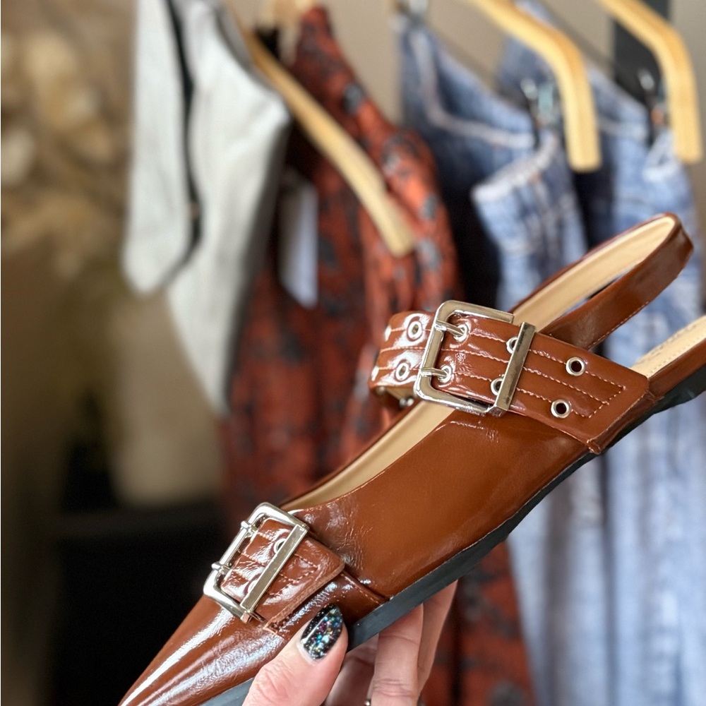 Brown Patent Leather Slingback Flats